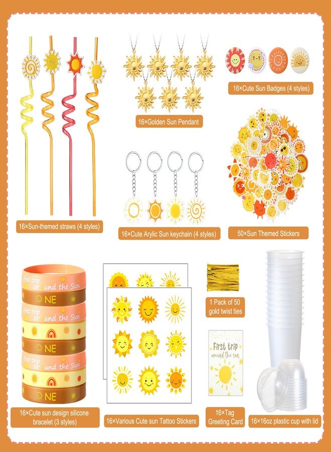 Remuuly 179 Pcs First Trip Around the Sun, Bohemian Hippie Sunshine Theme Party Tableware Includes Cups Straw Sticker Keychain Bracelet Pendant Badges for Baby Shower Birthday Party Gifts, Serves 16 - Image 2